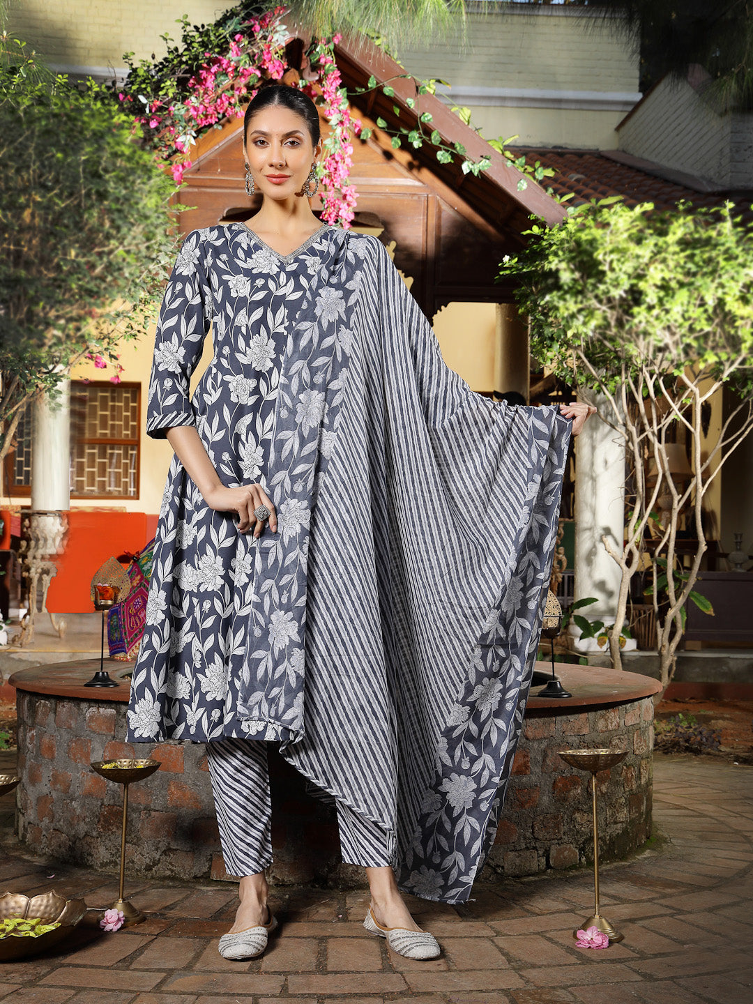 Grey Floral Printed Cotton Anarkali Kurta Pant Dupatta Set (Pre-Order)