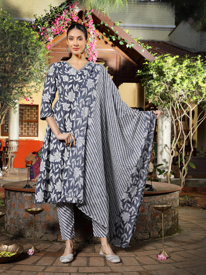 Grey Floral Printed Cotton Anarkali Kurta Pant Dupatta Set (Pre-Order)