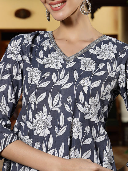 Grey Floral Printed Cotton Anarkali Kurta Pant Dupatta Set