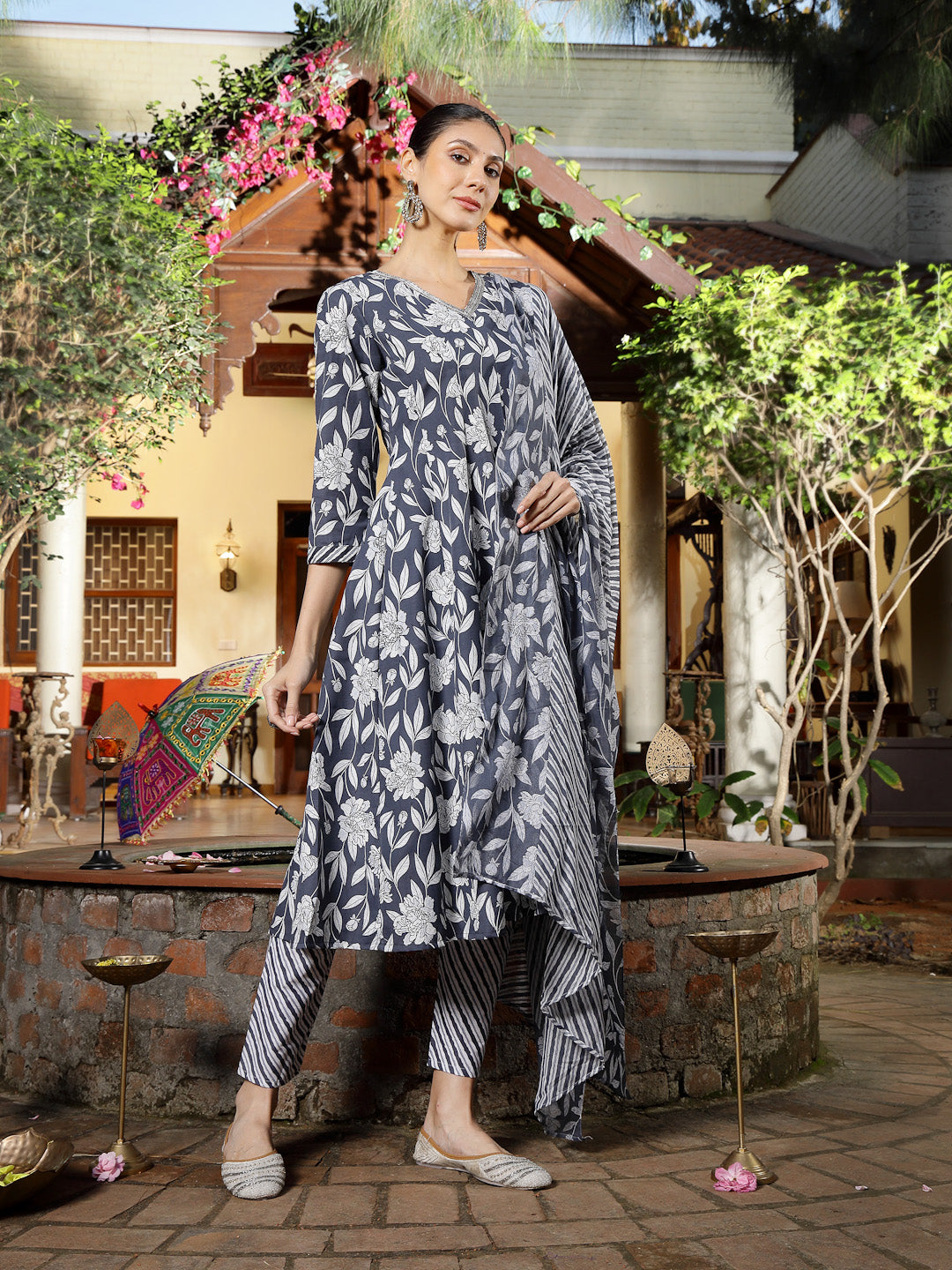 Grey Floral Printed Cotton Anarkali Kurta Pant Dupatta Set (Pre-Order)