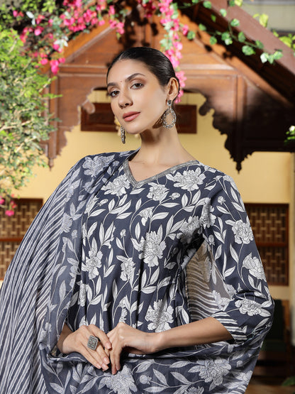 Grey Floral Printed Cotton Anarkali Kurta Pant Dupatta Set
