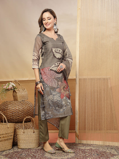 Floral Printed Chanderi Silk Straight Kurta Pant Dupatta Set