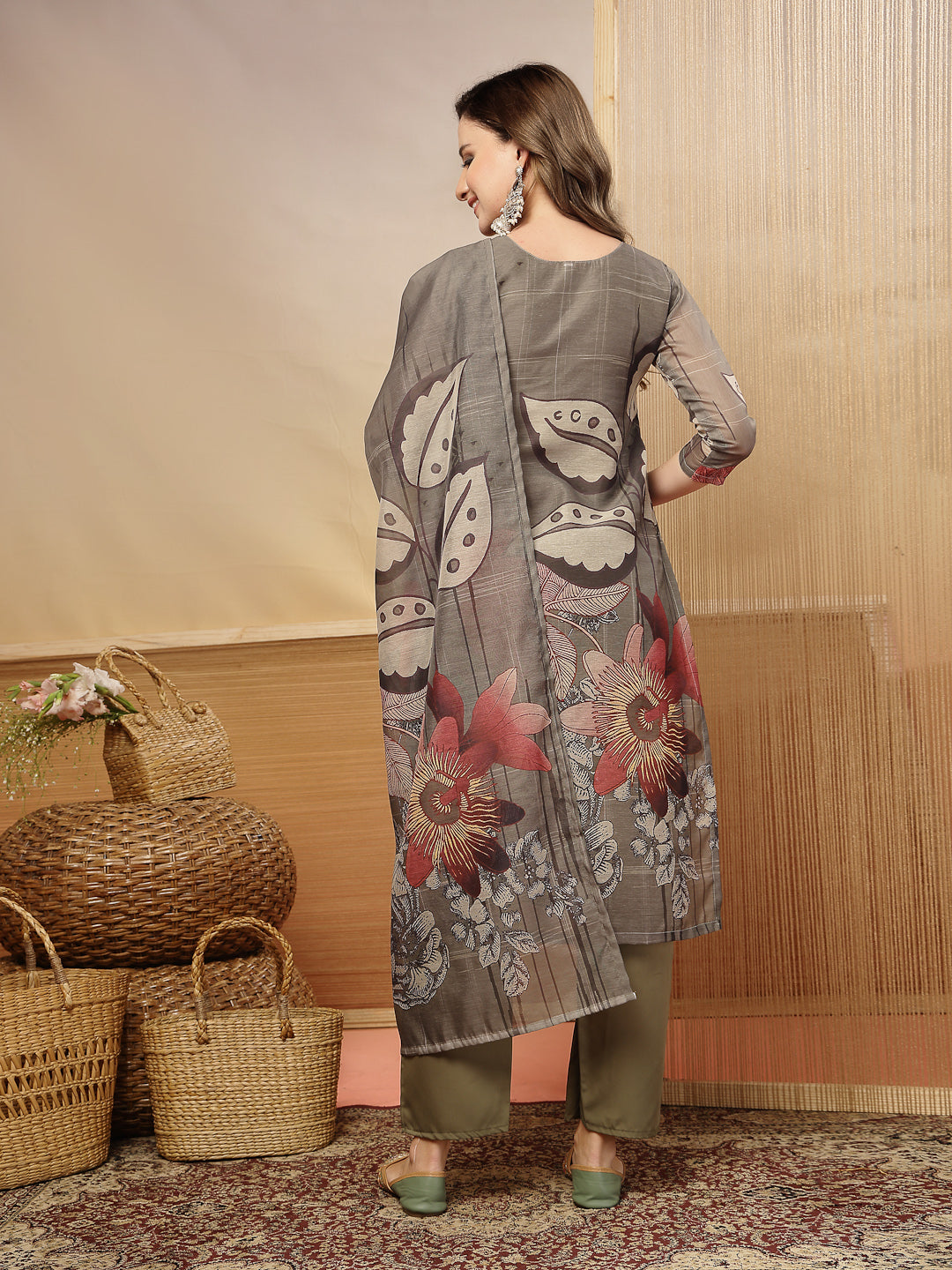 Floral Printed Chanderi Silk Straight Kurta Pant Dupatta Set