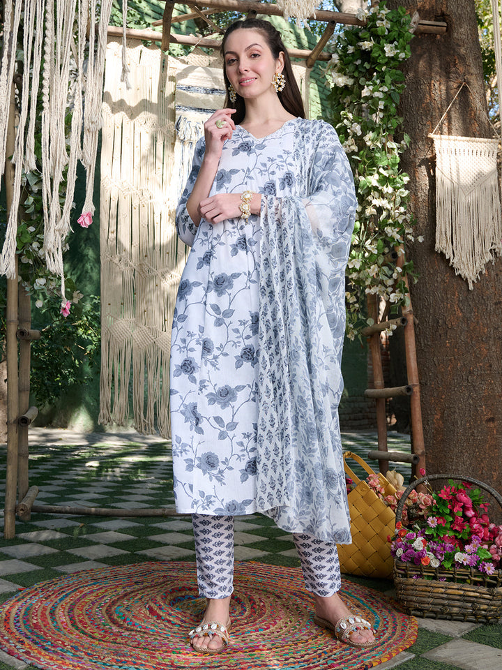 Grey Floral Printed Cotton A-Line Kurta Pant Dupatta Set