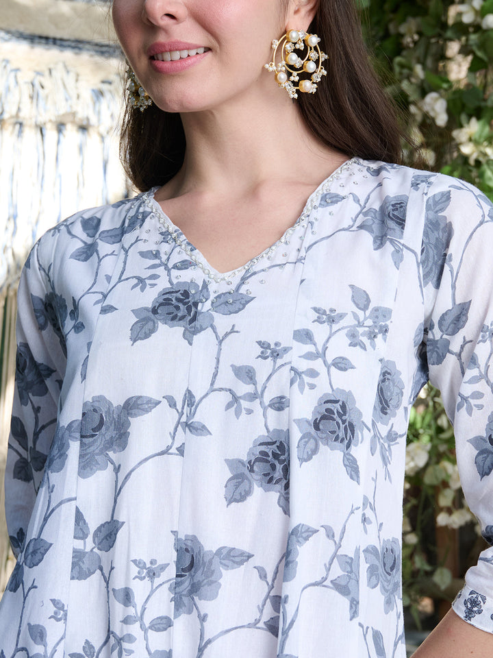 Grey Floral Printed Cotton A-Line Kurta Pant Dupatta Set