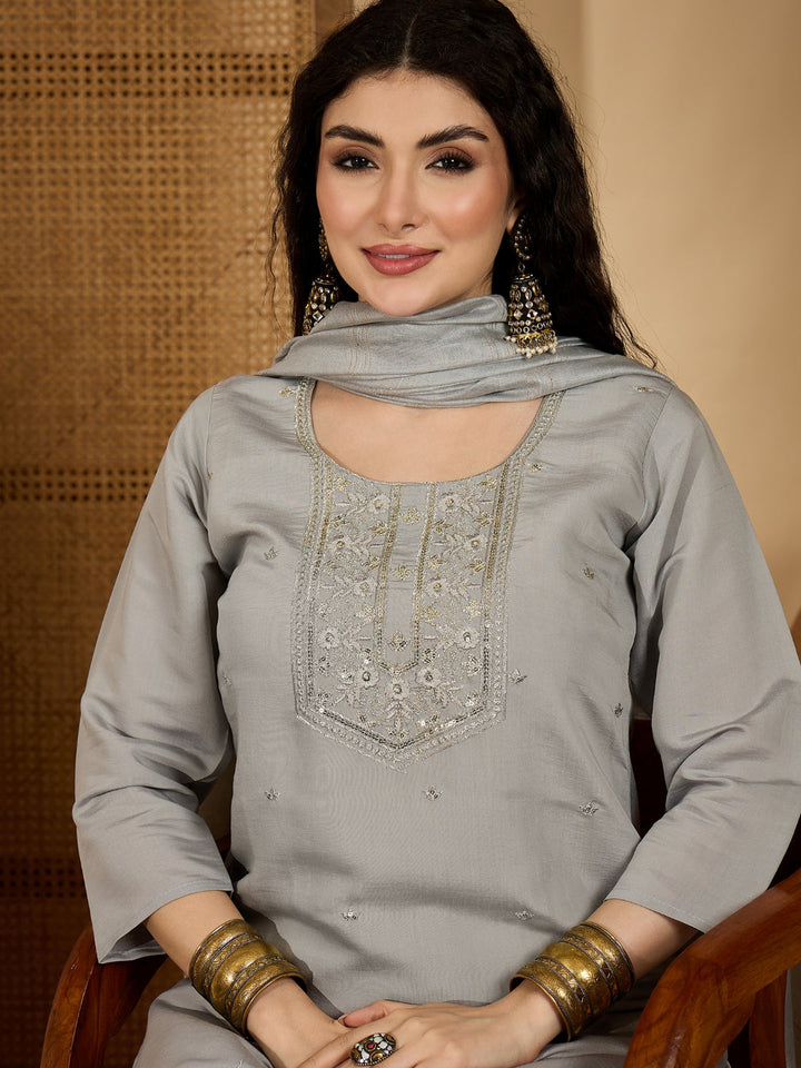 Solid &amp; Embroidered Silk Straight Kurta Pant Dupatta Set