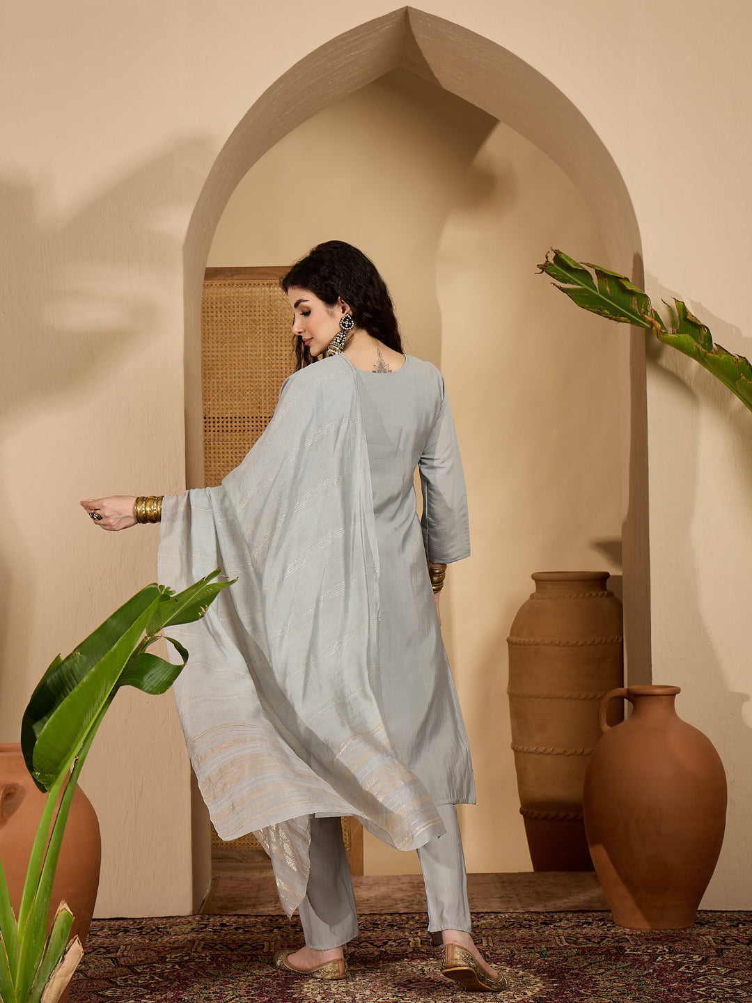 Solid &amp; Embroidered Silk Straight Kurta Pant Dupatta Set