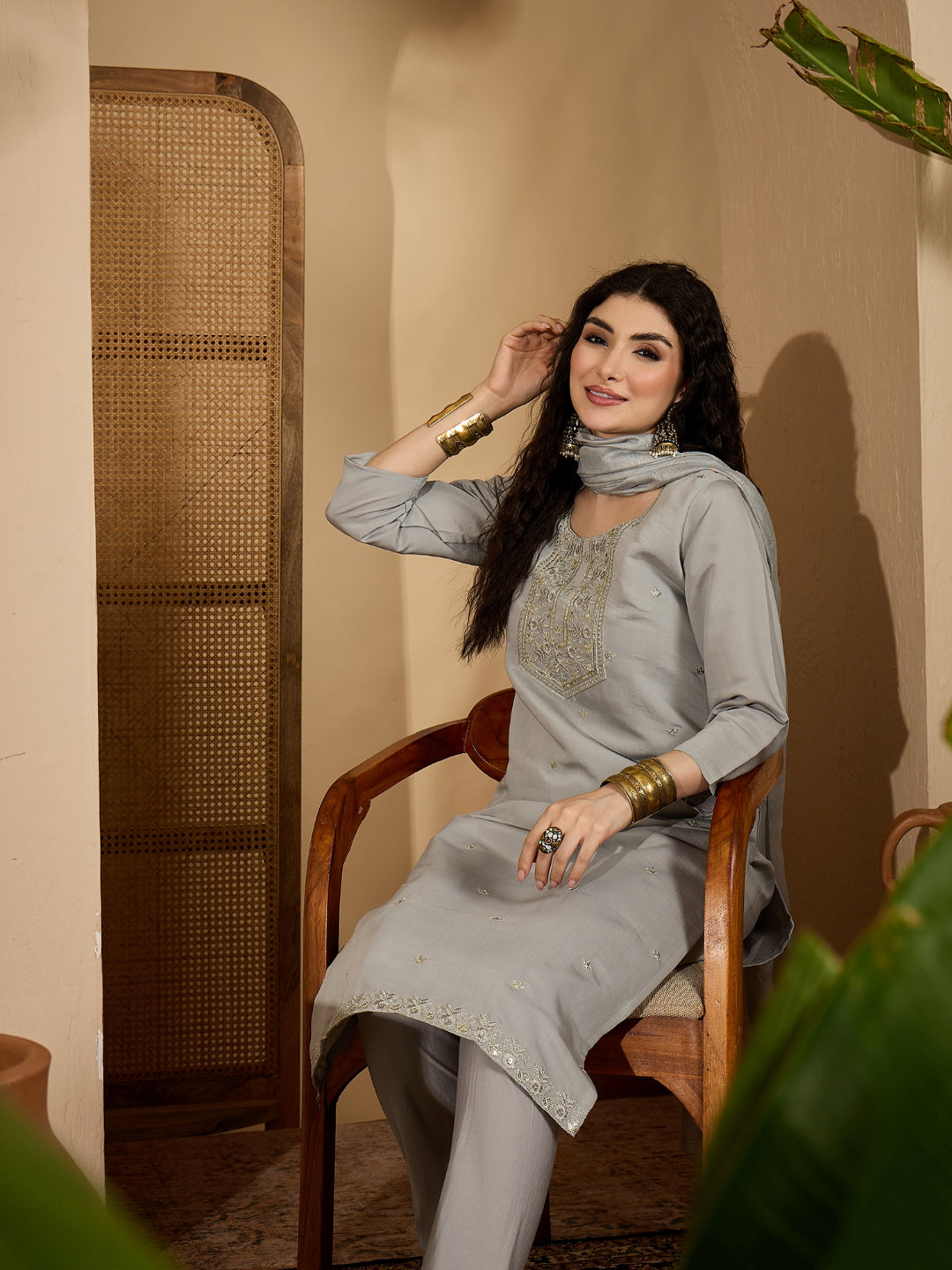 Solid &amp; Embroidered Silk Straight Kurta Pant Dupatta Set