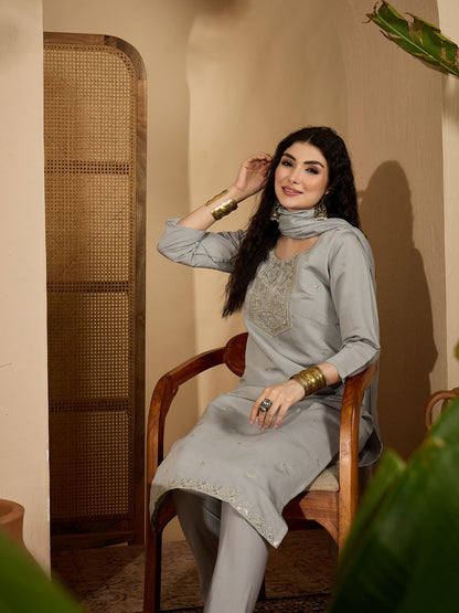 Solid & Embroidered Silk Straight Kurta Pant Dupatta Set