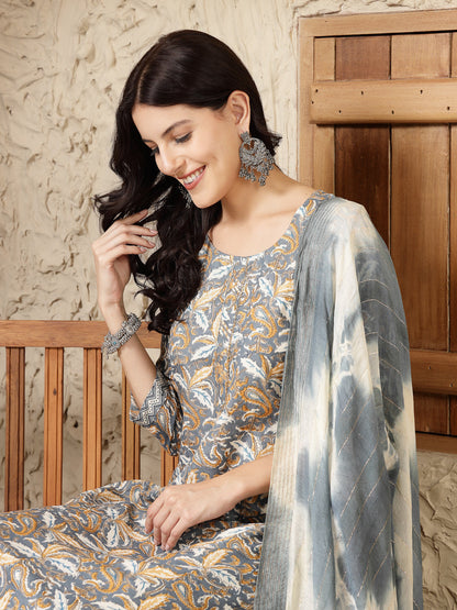 Grey Tropical Printed Cotton Blend Straight Kurta Pant Dupatta Set (Pre-Order)