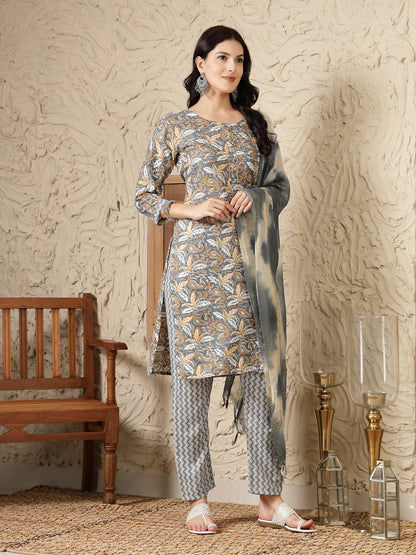 Grey Tropical Printed Cotton Blend Straight Kurta Pant Dupatta Set (Pre-Order)