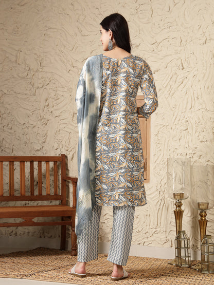 Grey Tropical Printed Cotton Blend Straight Kurta Pant Dupatta Set (Pre-Order)