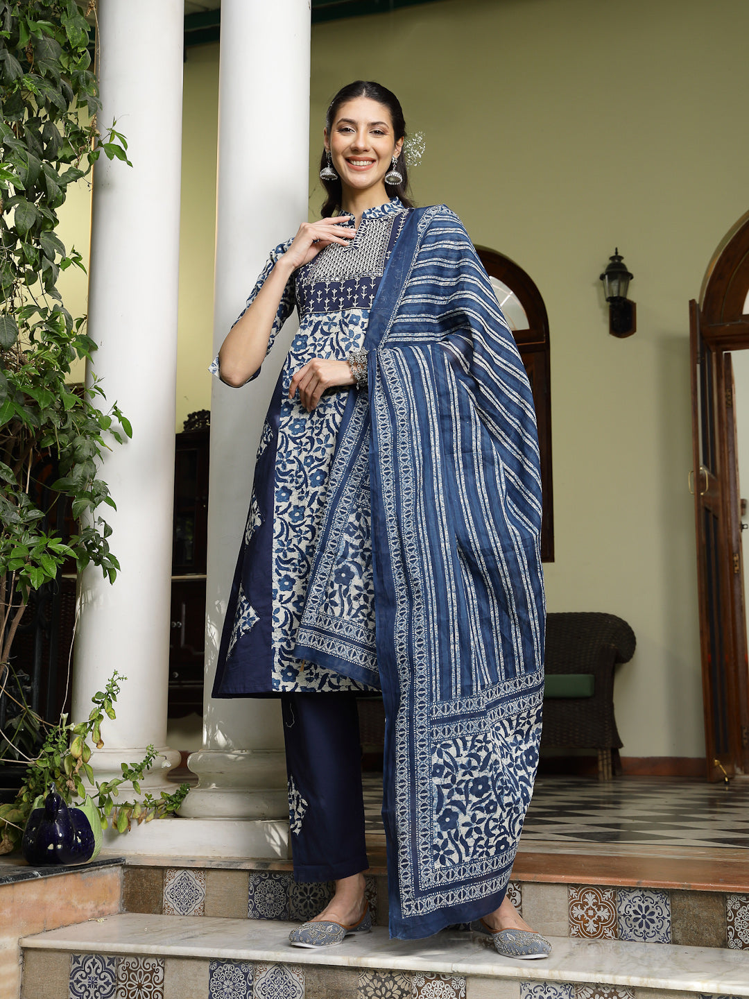 Indigo Blue Printed &amp; Embroidered A-Line Cotton Kurta Pant Dupatta Set