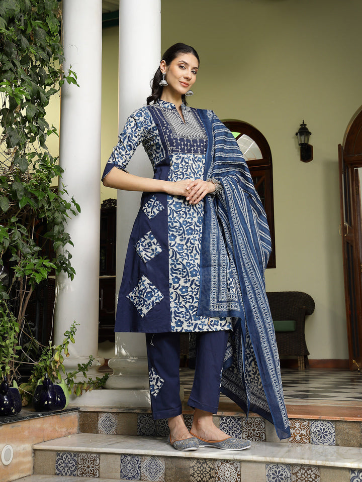Indigo Blue Printed &amp; Embroidered A-Line Cotton Kurta Pant Dupatta Set