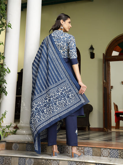 Indigo Blue Printed & Embroidered A-Line Cotton Kurta Pant Dupatta Set
