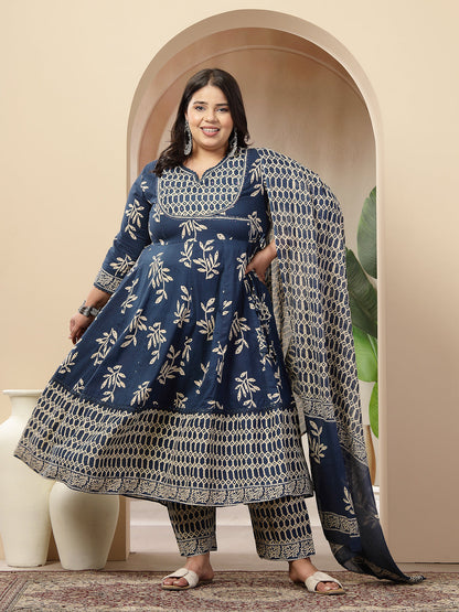 Women's Plus Size Blue Floral Printed Cotton Anarkali Kurta Pant Dupatta Set