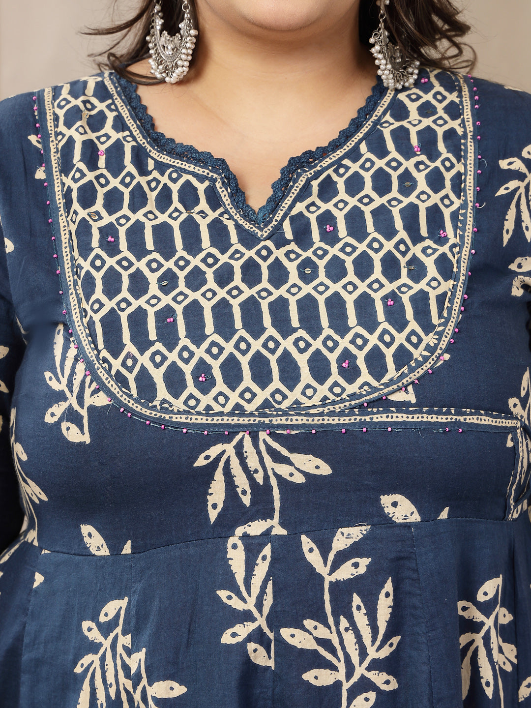 Women's Plus Size Blue Floral Printed Cotton Anarkali Kurta Pant Dupatta Set