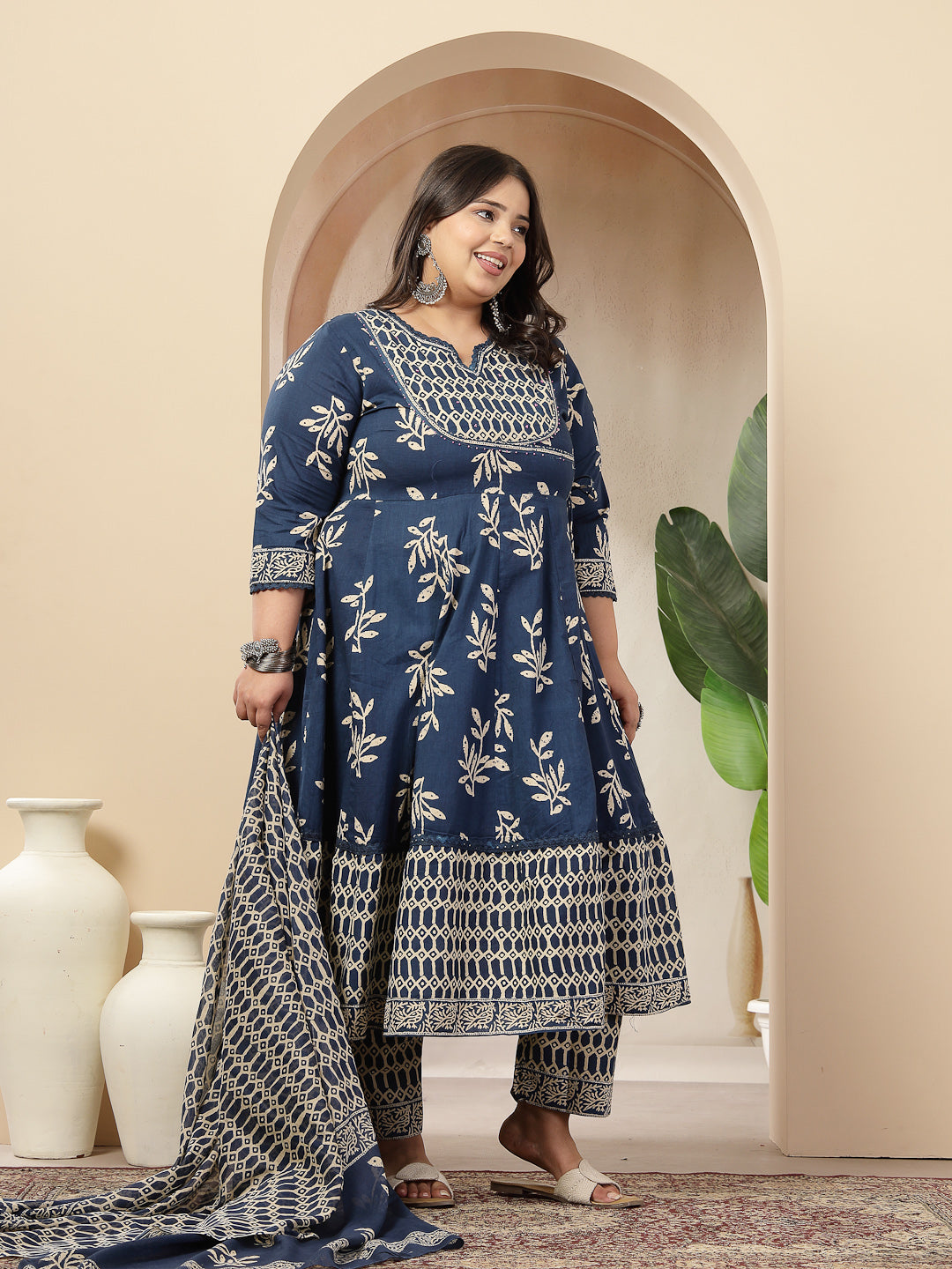 Women's Plus Size Blue Floral Printed Cotton Anarkali Kurta Pant Dupatta Set