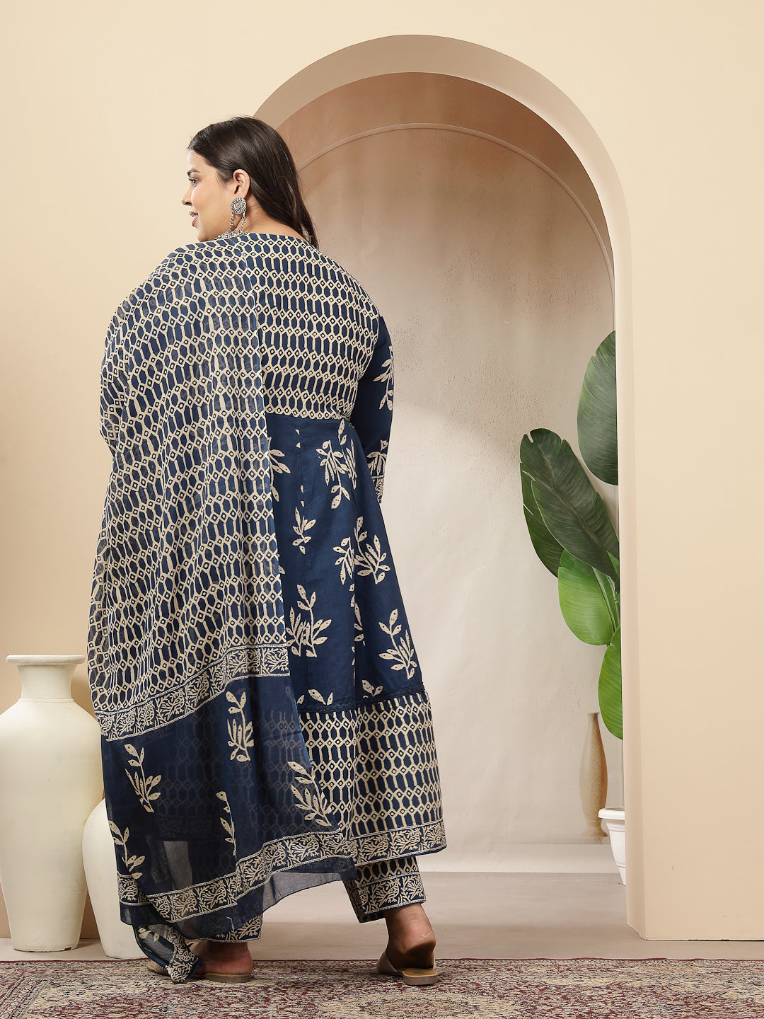 Women's Plus Size Blue Floral Printed Cotton Anarkali Kurta Pant Dupatta Set