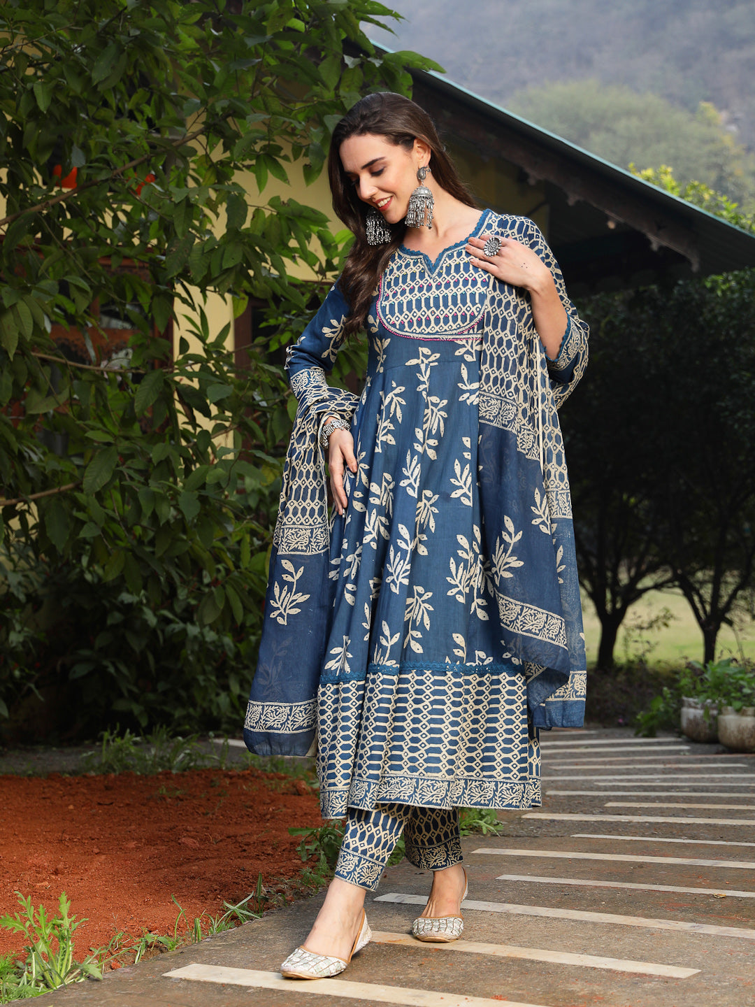 Blue Floral Printed Cotton Anarkali Kurta Pant Dupatta Set