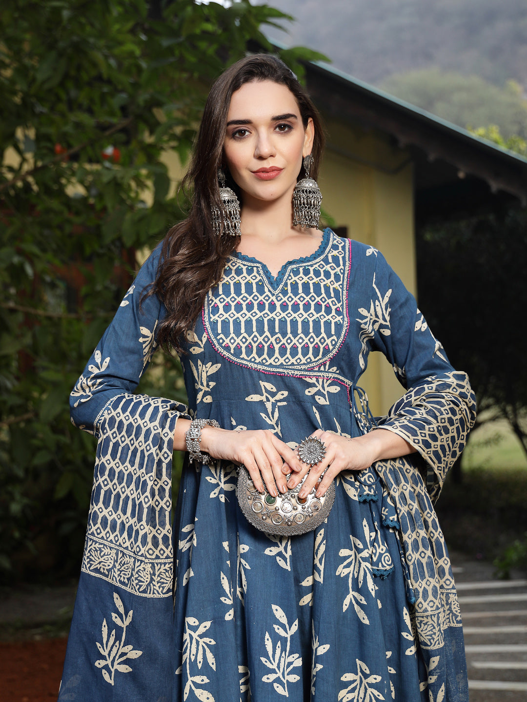 Blue Floral Printed Cotton Anarkali Kurta Pant Dupatta Set