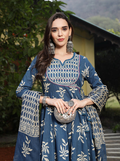 Blue Floral Printed Cotton Anarkali Kurta Pant Dupatta Set