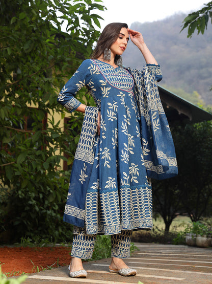 Blue Floral Printed Cotton Anarkali Kurta Pant Dupatta Set