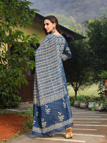 Blue Floral Printed Cotton Anarkali Kurta Pant Dupatta Set
