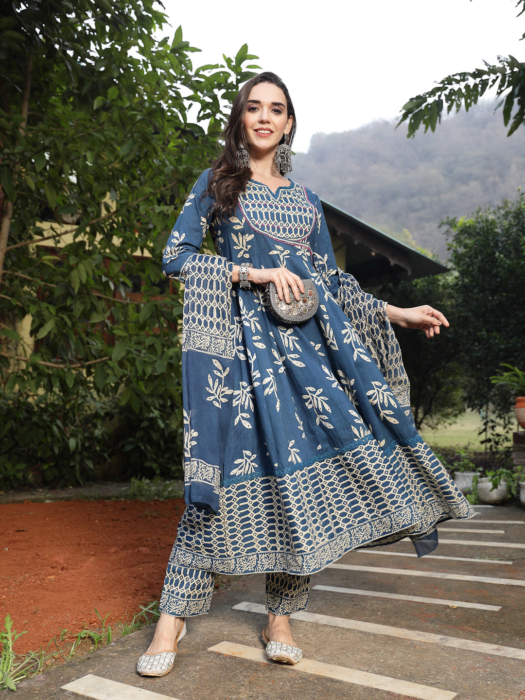 Blue Floral Printed Cotton Anarkali Kurta Pant Dupatta Set