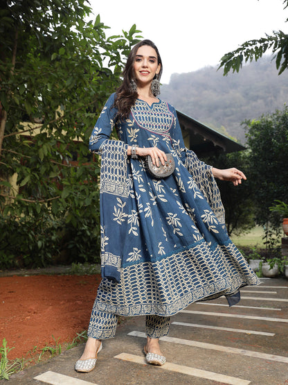 Blue Floral Printed Cotton Anarkali Kurta Pant Dupatta Set