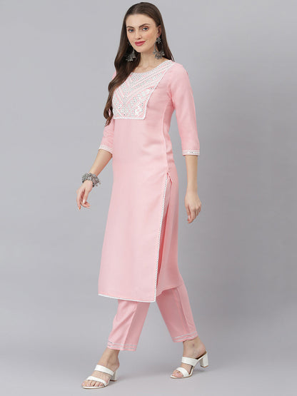 Women Embroidered Rayon Straight Kurta Pant Dupatta Set (Pre-Order)