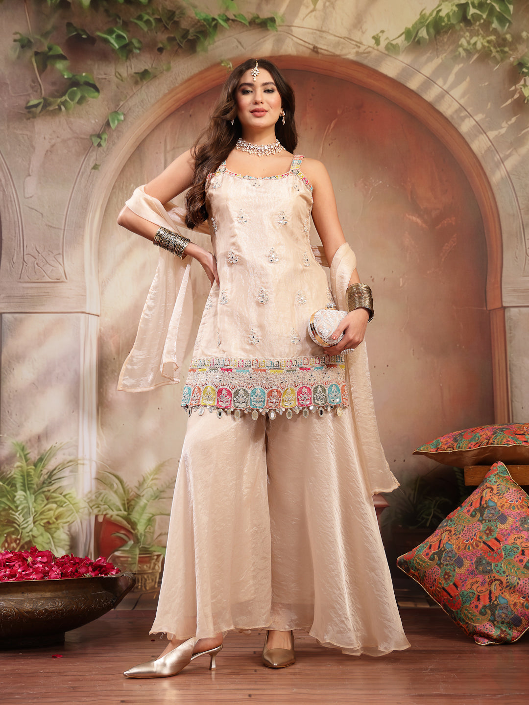 Solid &amp; Embroidered Organza Straight Kurti Palazzo Dupatta Set