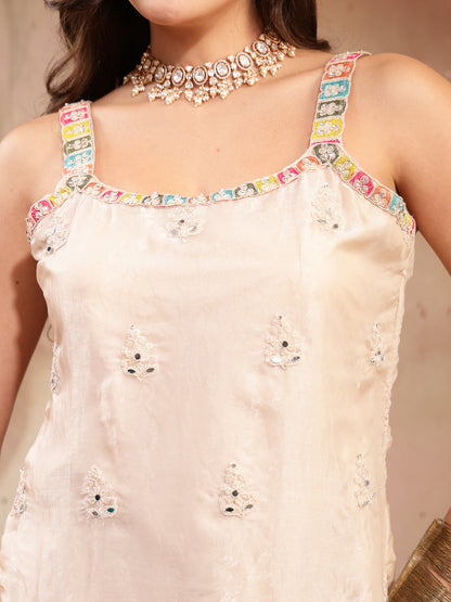 Solid & Embroidered Organza Straight Kurti Palazzo Dupatta Set