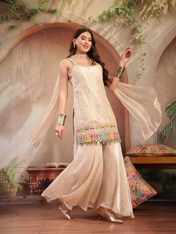 Solid &amp; Embroidered Organza Straight Kurti Palazzo Dupatta Set
