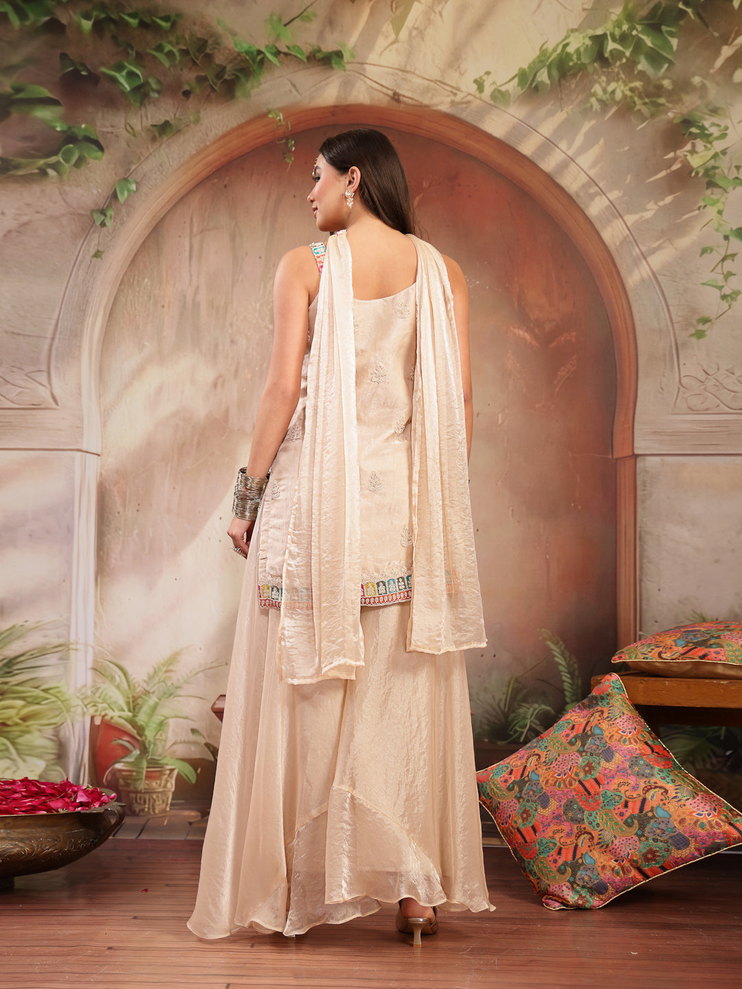 Solid &amp; Embroidered Organza Straight Kurti Palazzo Dupatta Set