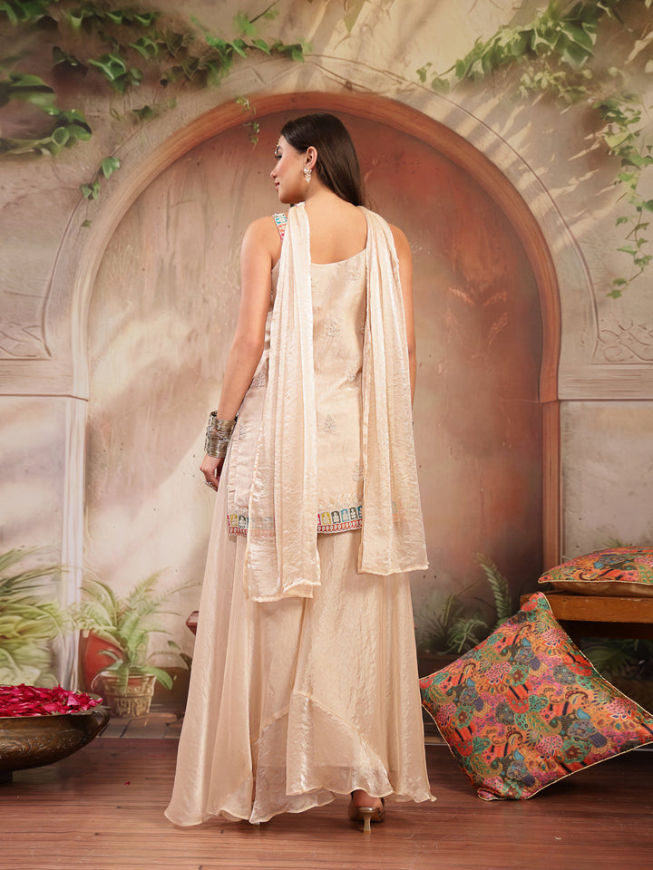 Solid &amp; Embroidered Organza Straight Kurti Palazzo Dupatta Set