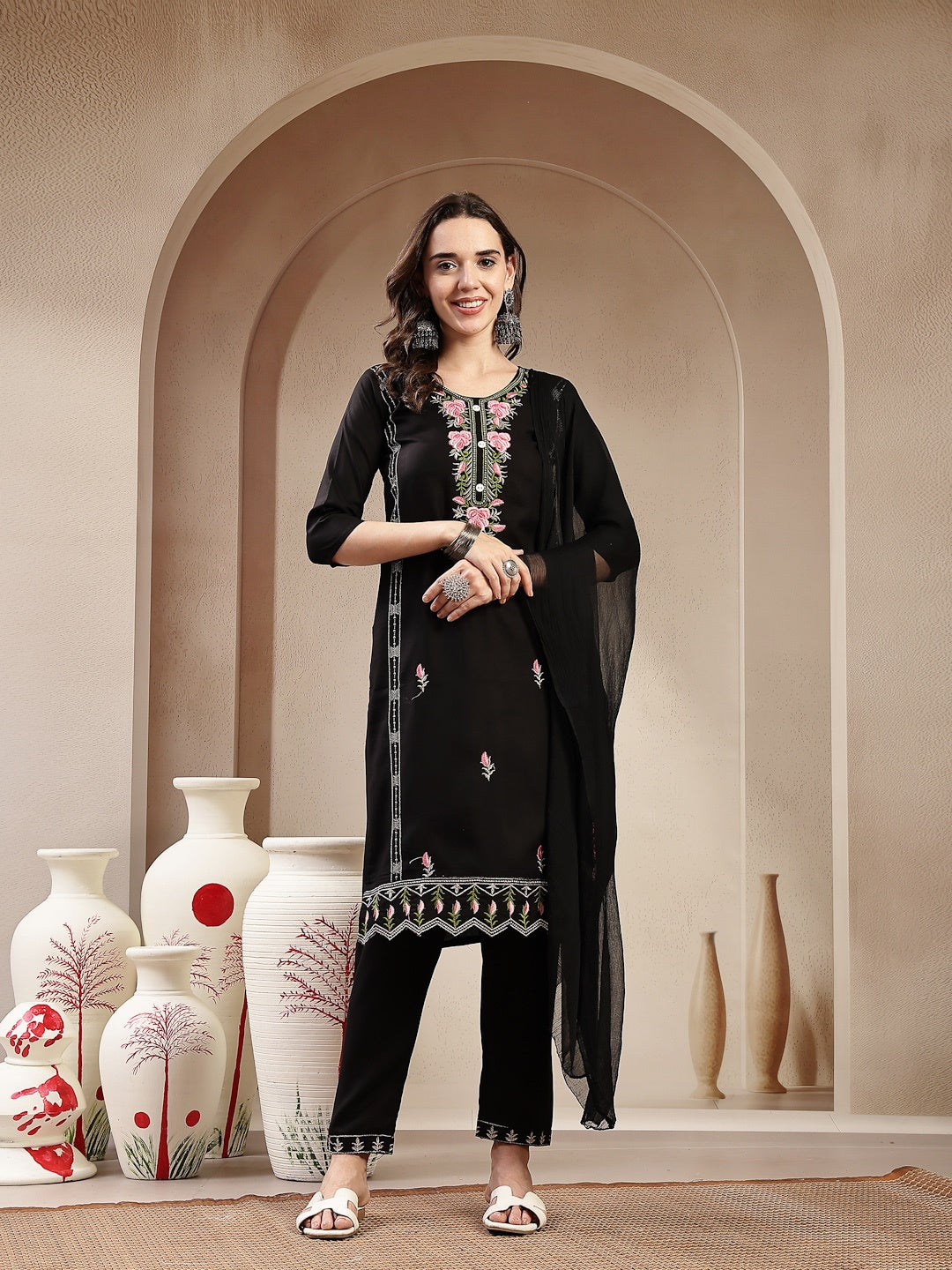 Black Solid & Embroidered Rayon Straight Kurta Pant Dupatta Set (Pre-Order)