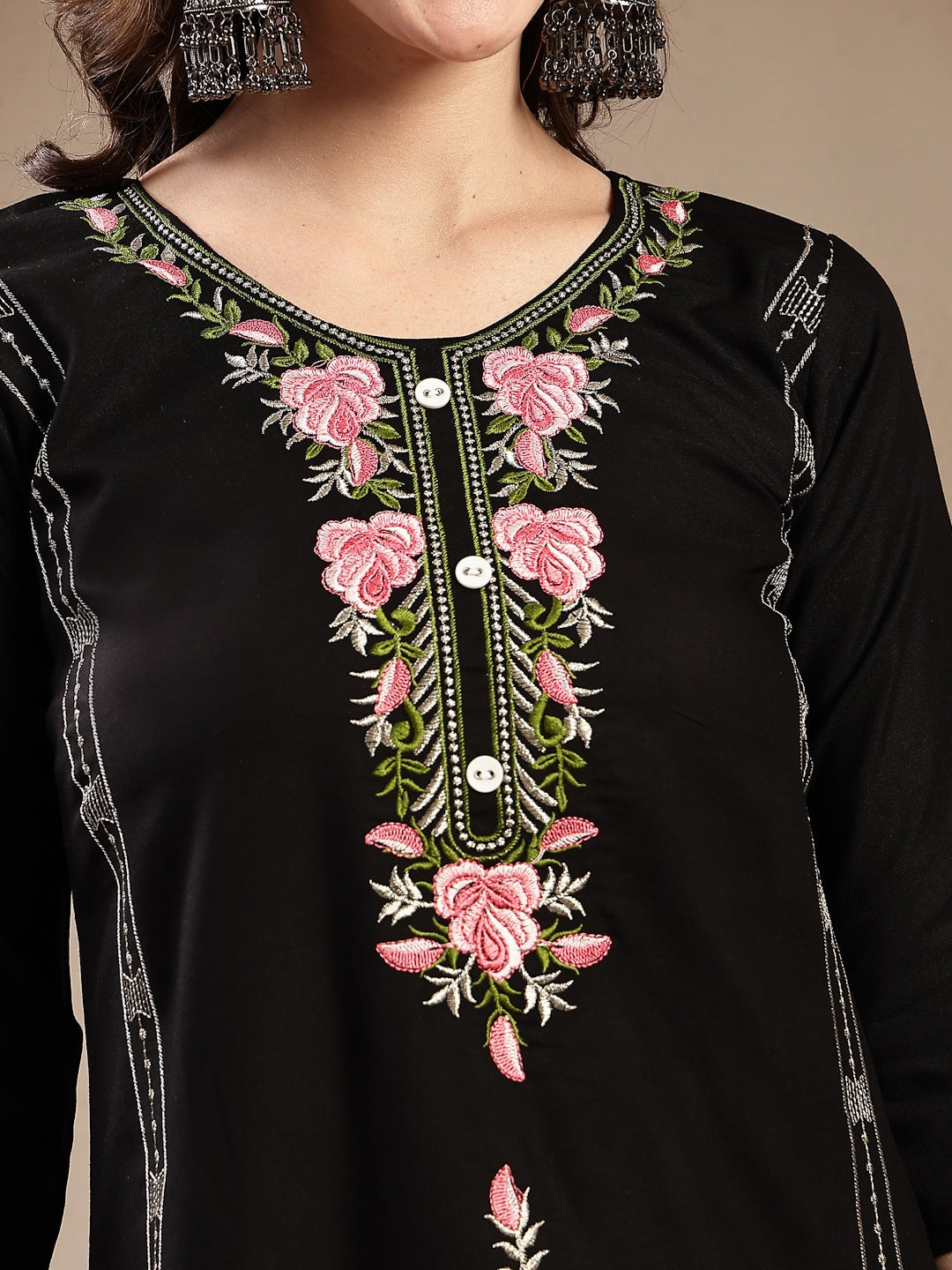 Black Solid & Embroidered Rayon Straight Kurta Pant Dupatta Set