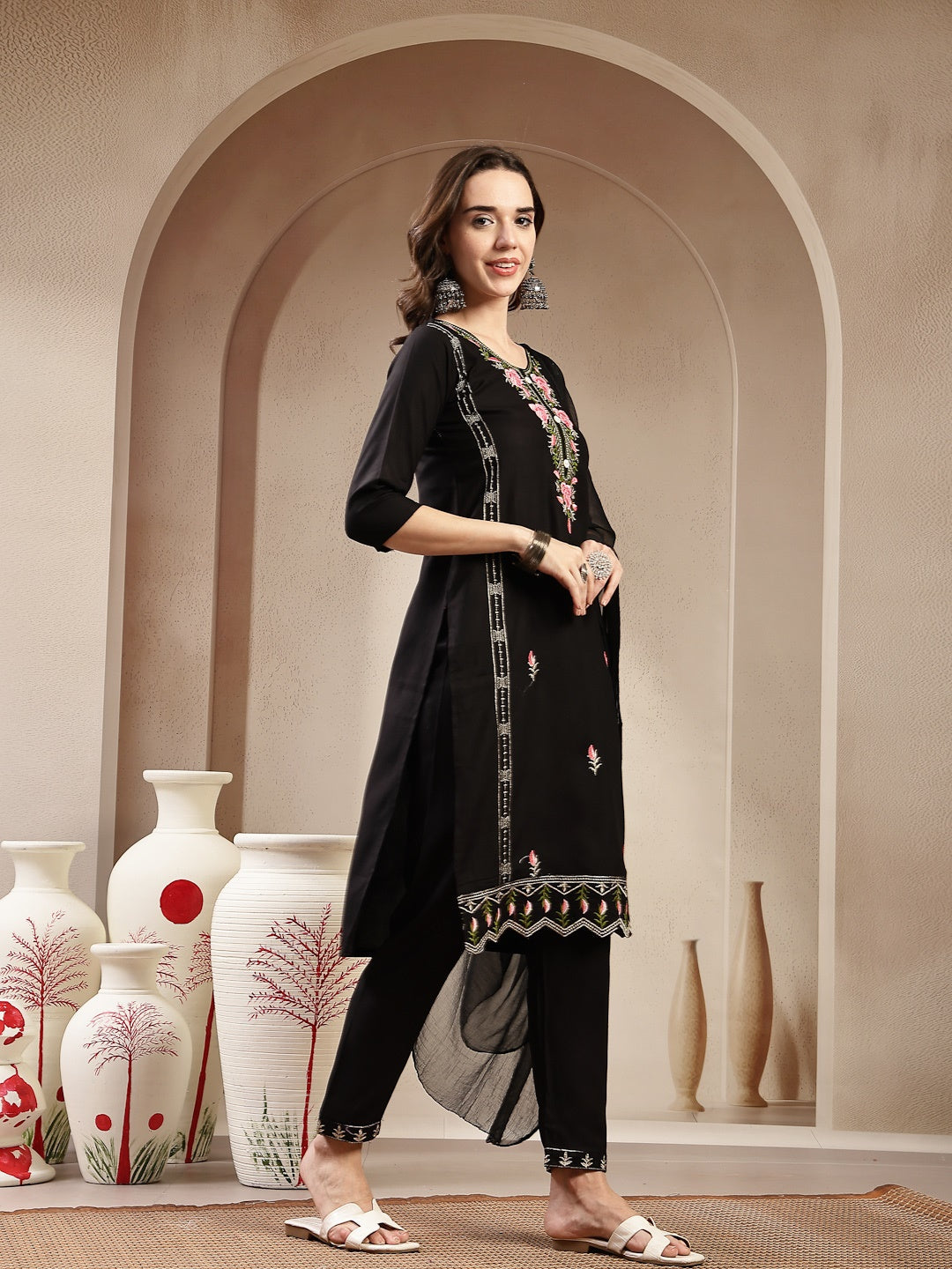Black Solid & Embroidered Rayon Straight Kurta Pant Dupatta Set (Pre-Order)