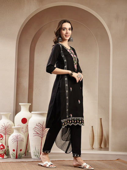 Black Solid & Embroidered Rayon Straight Kurta Pant Dupatta Set (Pre-Order)