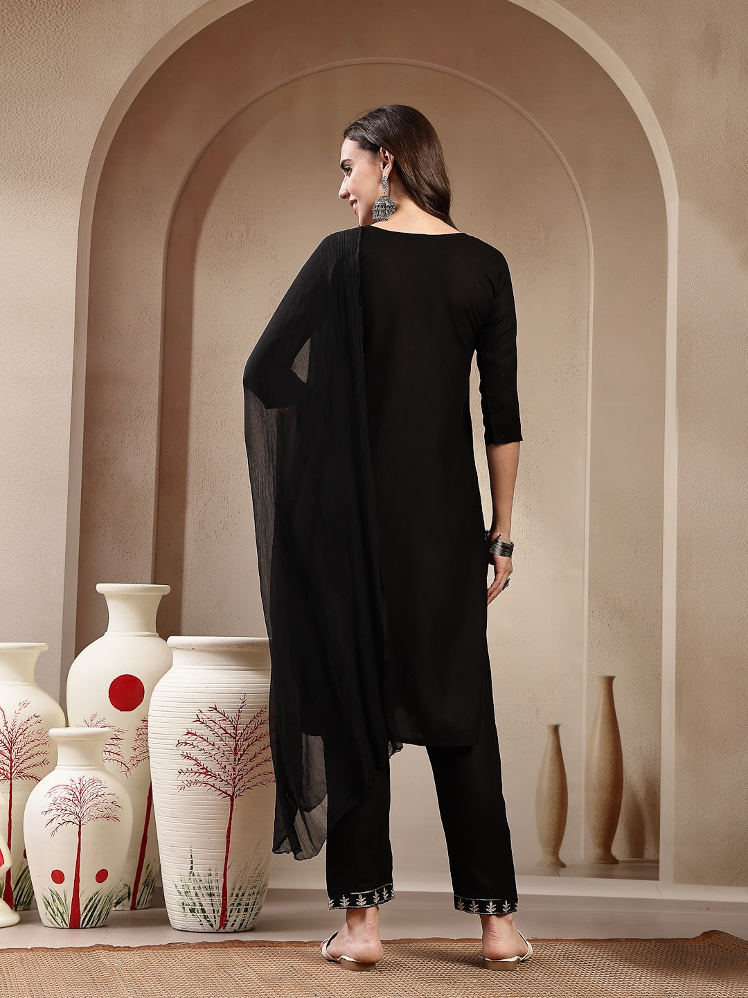 Black Solid & Embroidered Rayon Straight Kurta Pant Dupatta Set (Pre-Order)