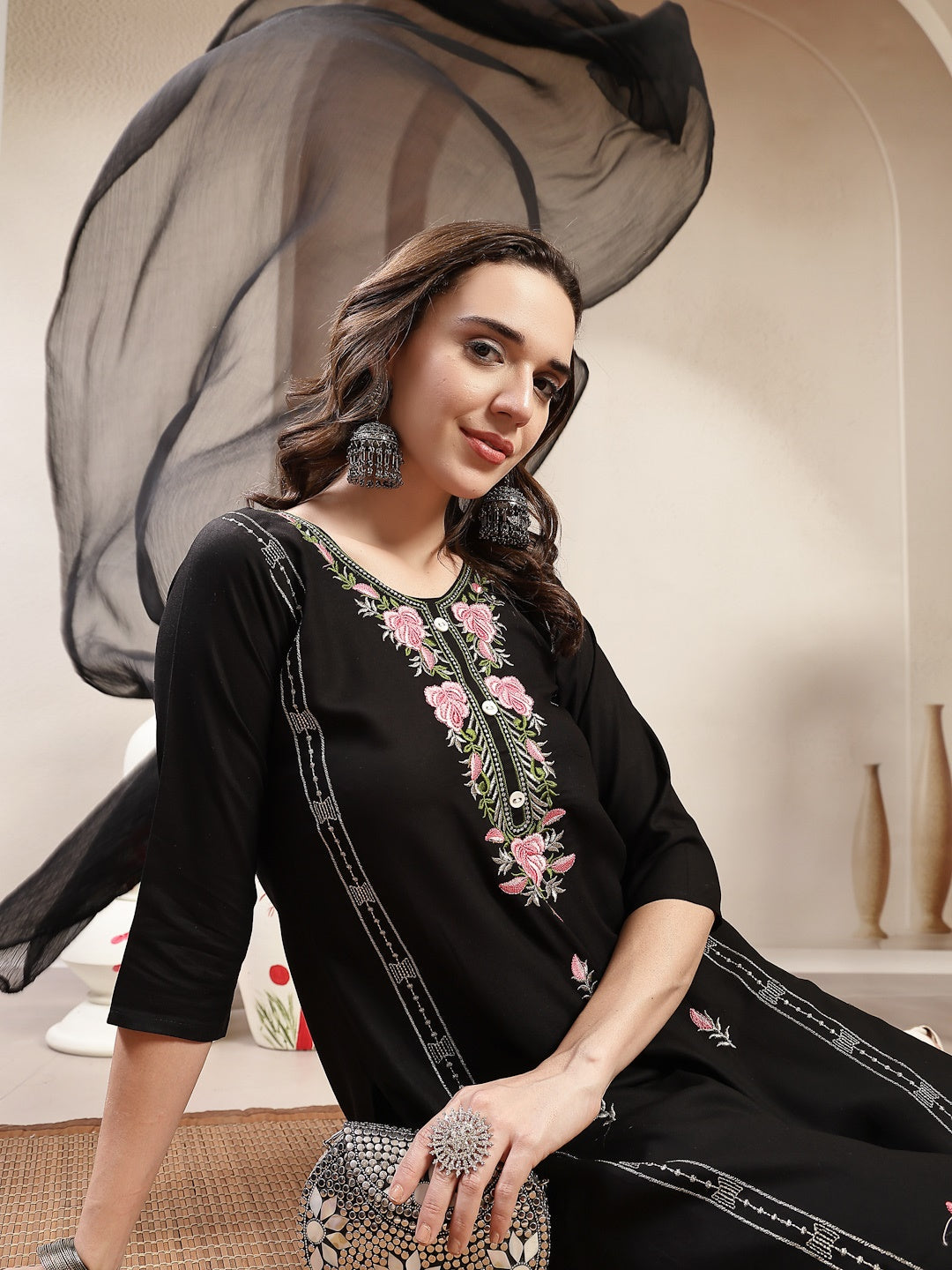 Black Solid & Embroidered Rayon Straight Kurta Pant Dupatta Set (Pre-Order)