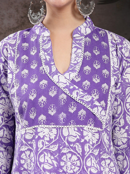 Lavender Floral Printed Cotton Straight Kurta Pant Dupatta Set