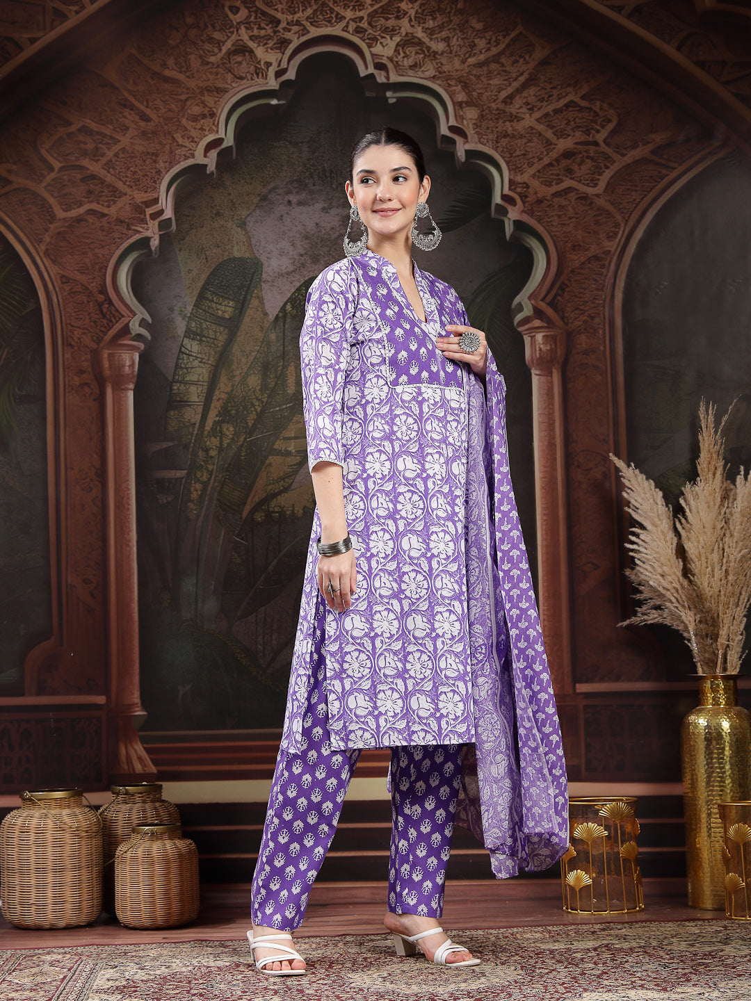 Lavender Floral Printed Cotton Straight Kurta Pant Dupatta Set