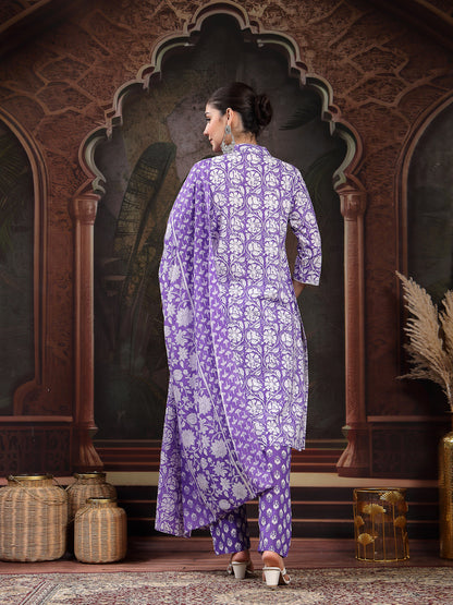 Lavender Floral Printed Cotton Straight Kurta Pant Dupatta Set