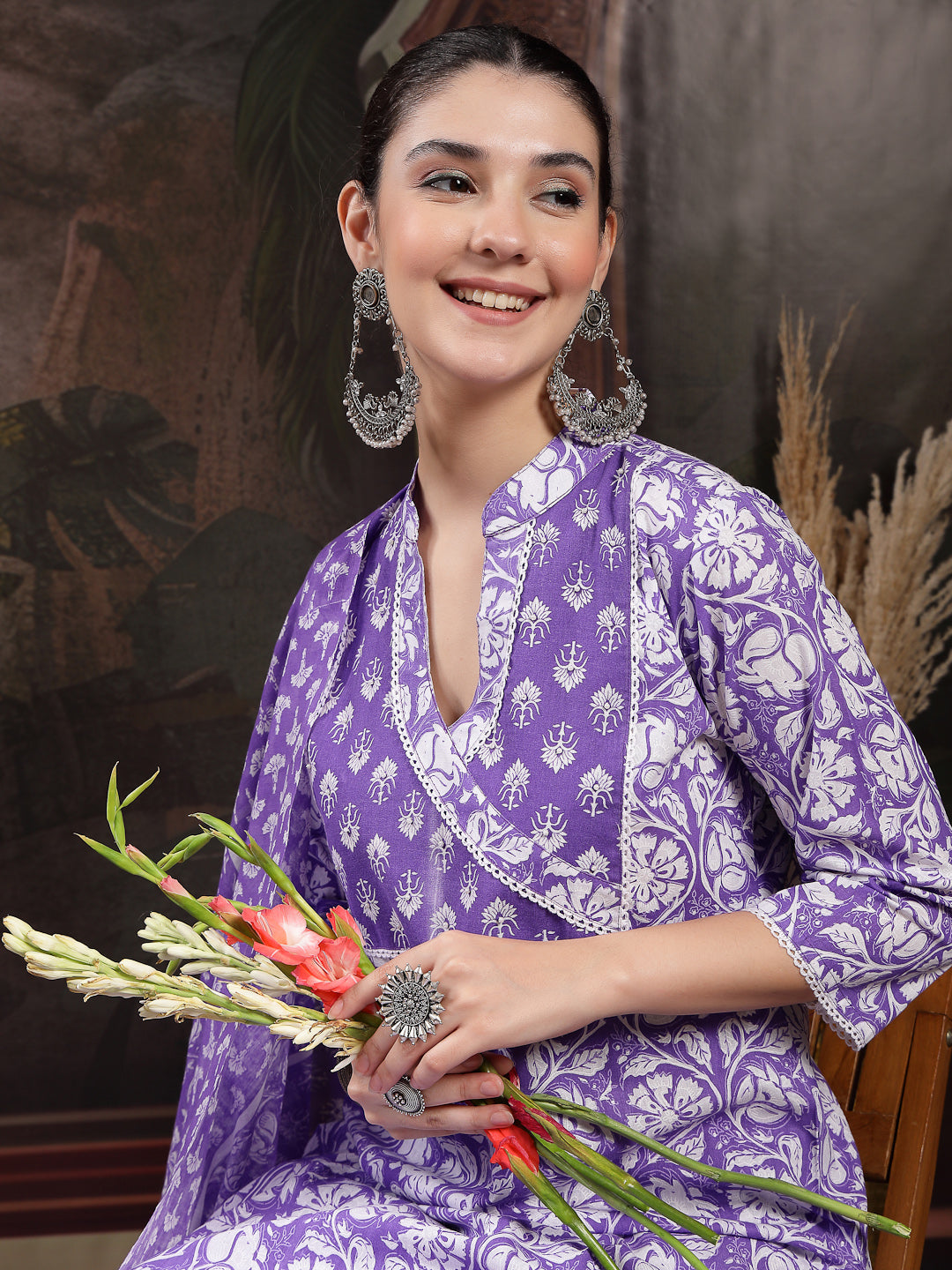 Lavender Floral Printed Cotton Straight Kurta Pant Dupatta Set