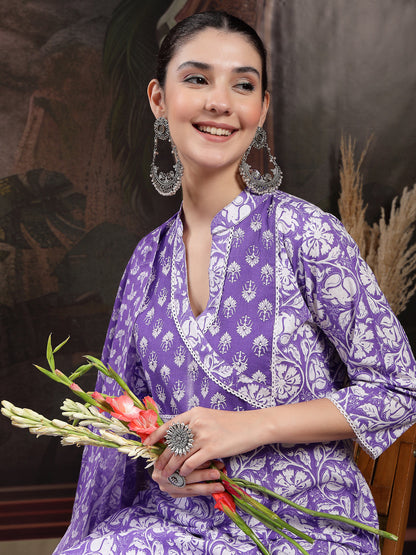 Lavender Floral Printed Cotton Straight Kurta Pant Dupatta Set