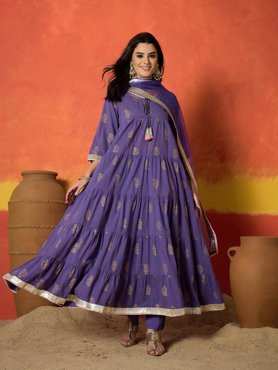 Paisley Gold Printed Pure Cotton Anarkali Kurta Pant Dupatta Set