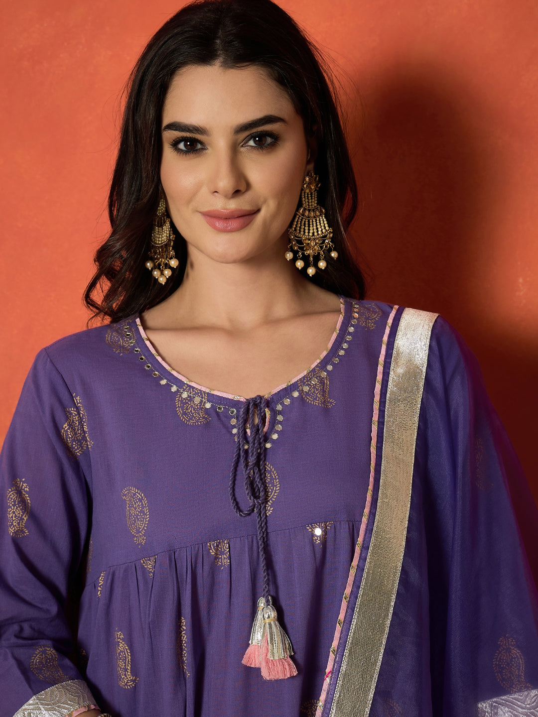 Paisley Gold Printed Pure Cotton Anarkali Kurta Pant Dupatta Set