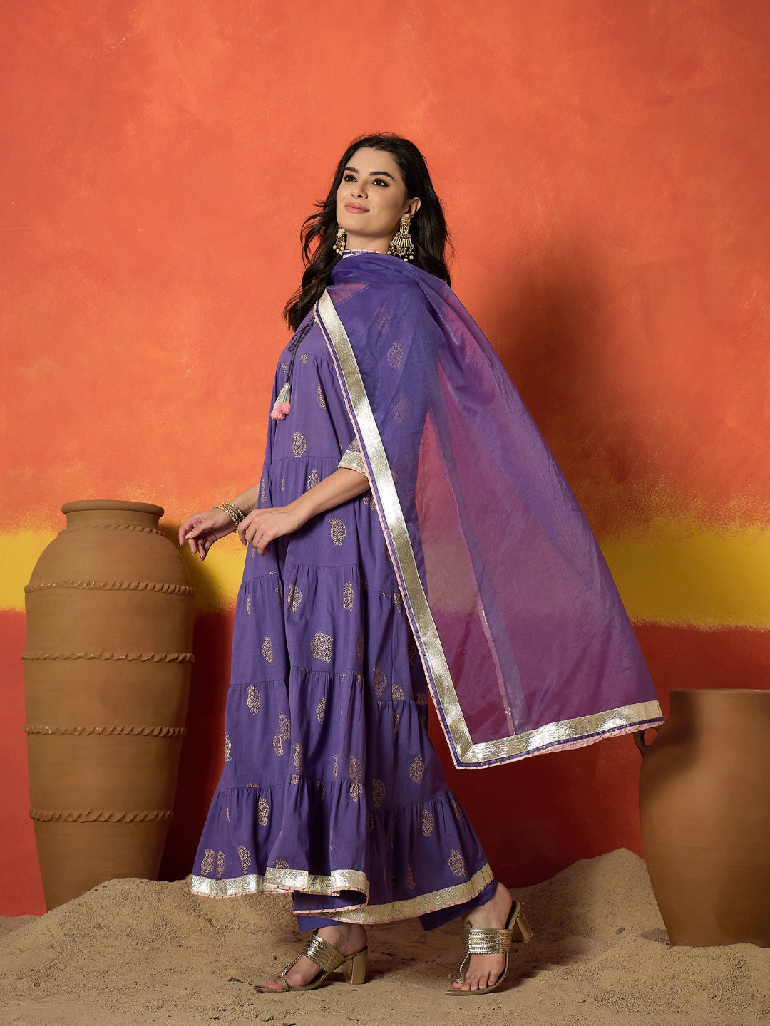 Paisley Gold Printed Pure Cotton Anarkali Kurta Pant Dupatta Set
